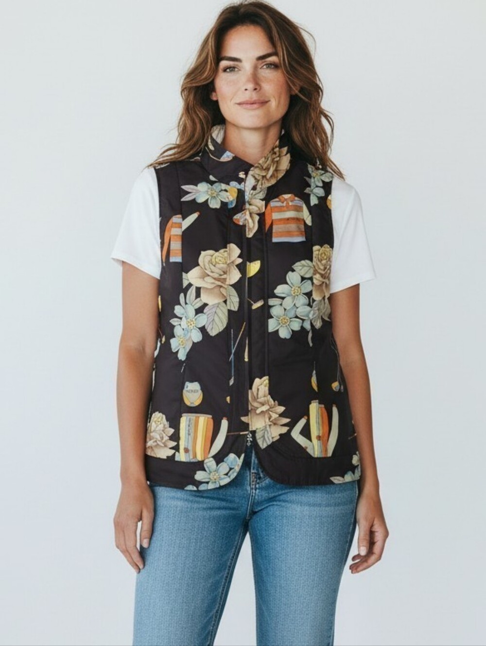 Floral Quilted Stand-Collar Vest in Black